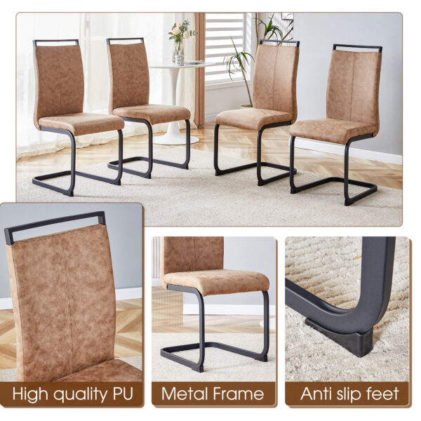 Table and chair set.A retro rectangular dining table with fishbone patterned MDF desktop and black metal legs.Paired With 4 Brown technology fabric chairs with Featuring arched black legs.