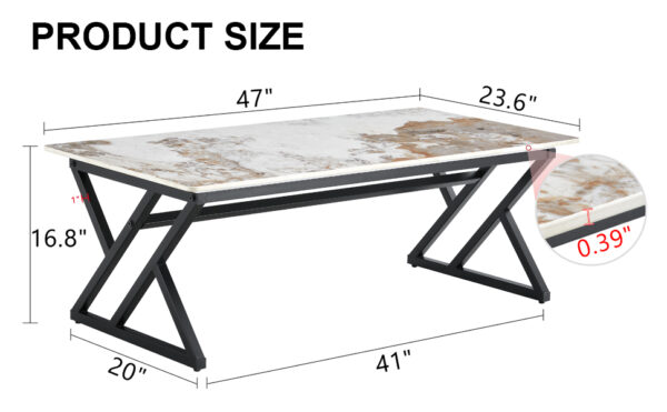e09a027e77b94e7ba32fc76f7d6c9481_4f8cd7d624ab42db74a6be32066486e0 A coffee table is made of rock slab material, with a natural and smooth marble pattern on the surface, which complements the modern design of the black metal legs and adds a touch of fashion.47*23.6