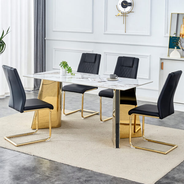e0ba9241de9745bf8f1a24b614889ea2_81a198d10ec75423de666d88dcb766e6 Table and chair set.63"x31.5x30" Luxurious Cold Jade Patterned Sintered Stone Dining Table with Golden Stainless Steel Butterfly Legs.Paried With 4 Black High-quality PU Chairs With Arched Metal Legs.