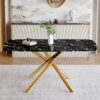 63"x35.4" Luxurious Black Marble-Patterned Tempered Glass Dining Table.Single Fork Golden Metal Table Legs.Tempered Glass Table Top,Golden Metal Leg.Make it Adaptable To Various Decoration Styles.