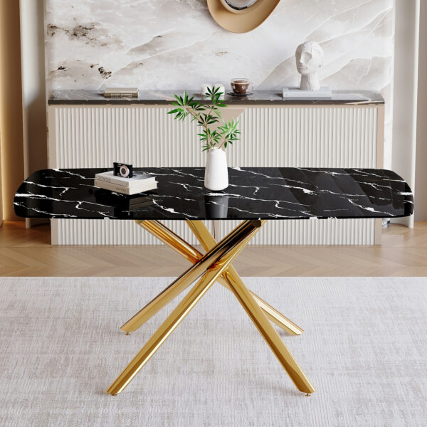 e0d43146e690485792e23c911867e500_1c2ee26ae48872f50af81bef0b71b7e8 63"x35.4" Luxurious Black Marble-Patterned Tempered Glass Dining Table.Single Fork Golden Metal Table Legs.Tempered Glass Table Top,Golden Metal Leg.Make it Adaptable To Various Decoration Styles.