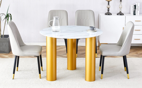 Table and chair set, round table with white marble pattern, gold MDF table legs, soft and comfortable dining chair, suitable for kitchen and living room