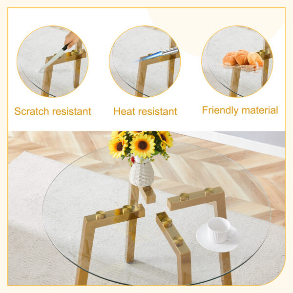 e1072ea2754d4c7bae768477f81b36fc_8b40e5ceb592f11abd3eba279e9287a8 Modern Luxurious Round Tempered Glass Dining Table with Gold 7-Shaped Metal Legs,suitable for family meals, office conferences, or as a casual coffee table for various occasions.36*36*29.5
