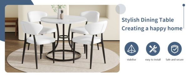 e112c6e11dc443c9977c285424e3499c_c87dee713ddfb1a3199d4a43de8f4c7c Table and chair set.A Modern Minimalist Circular Dining Table With A Diameter Of 33.3 Inches.Paired With 4 White Minimalist Ergonomic Dining Chair, With A Curved Backrest For Comfortable Design.