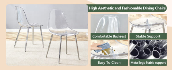 e125c8035a244b4f9fc366d6c98793ad_17b97325cc97e3f245f85e9403f86e09 Transparent and stylish ergonomic dining chair unlocks a new experience of lightweight fashion, comfort, and stability. Transparent seat cushion, silver metal legs. One box of three.