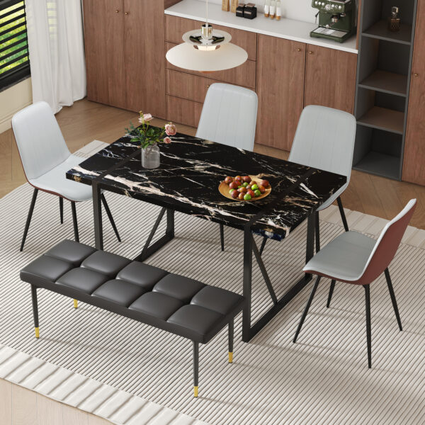 e13a07b7a0d643659f5fe6636f772d25_1bce3b2c52effa9b877c481a98352d10 Table and chair set.Modern Black Marble Pattern MDF Dining Table Set - 55"x31.4" with 4 Extended Seat Cushion PU Dining Chairs and 1 Bench,A Choice of Subtle Luxury for Modern Homes.