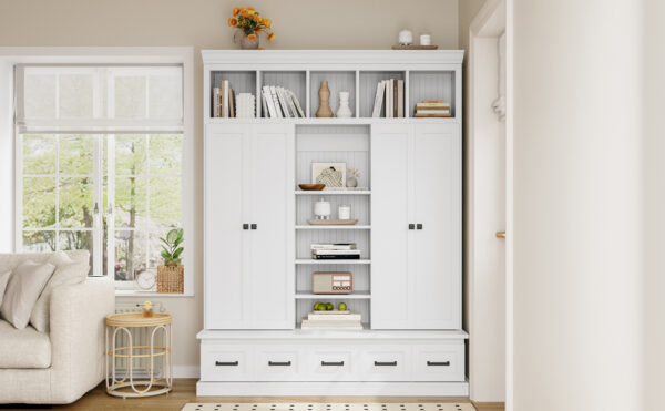 U-Can 78.7''H Hall Tree with Bench and 5 Storage Cubbies, Modern Entryway Storage Organizer Cabinet with 4 Doors, 5 Drawers and Adjustable Shelves for Hallway, Entryway, Living Room