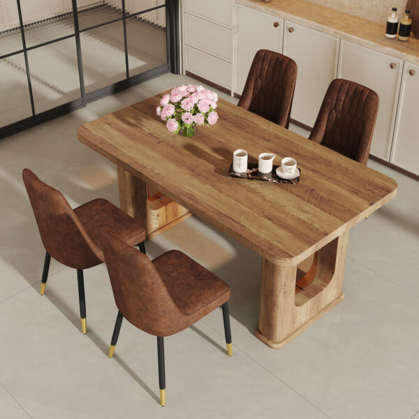 e1482b4760b54ffe90c5672c9db4cac0_d5452d552da2d1f5ac89a2eceb736d60 Table and chair set.64.5 x 35.4 Inch Stylish Wood Color Textured Dining Table.Paried With 4 BrownTechnology-Fabric Dining Chairs.Suitable for kitchen,Dining room,etc.