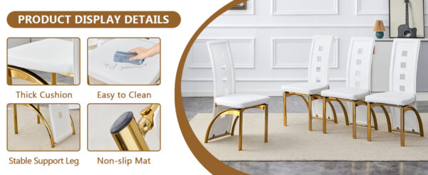 e14b4941017f49fd809e62bc47b6d2ec_08891a1dbbff9484f9d6ea5fba954830 Table and chair set.63"*35.4" White Imitation Marble Pattern MDF Dining Table Set - 4 PU Chair With White Saddleback, Geometric Pattern Backrest,Golden Curved Metal Leg.Suitable For Various Scenes.