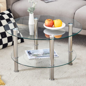 Contemporary Minimalist Double Layer Tempered Glass Coffee Table - 27.5" Top and 23.6" Bottom.Reinforced Glass Tabletop,Stainless Steel Silver Plated Legs.