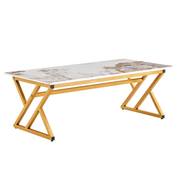 e174ac333f65427ea26ac4a34d47c444_bc39517e8bf048c52a3a63dc8672653b A coffee table is made of rock slab material, with a natural and smooth marble pattern on the surface, which complements the modern design of the golden metal legs and adds a touch of fashion.47*23.6