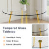 A modern minimalist style round transparent tempered glass table with gold metal legs, paired with 4 modern PU leather high-back dining chairs, bring a luxurious experience.