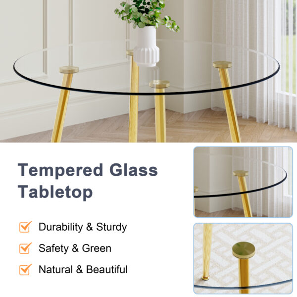 e175593477a84ea2be03f43626e57e5b_1b775305ac8143e12fa94cb211034ebd A modern minimalist style round transparent tempered glass table with gold metal legs, paired with 4 modern PU leather high-back dining chairs, bring a luxurious experience.