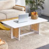 Chinese style white solid wood and imitation rattan coffee table, rectangular solid wood coffee low table, small living room coffee table