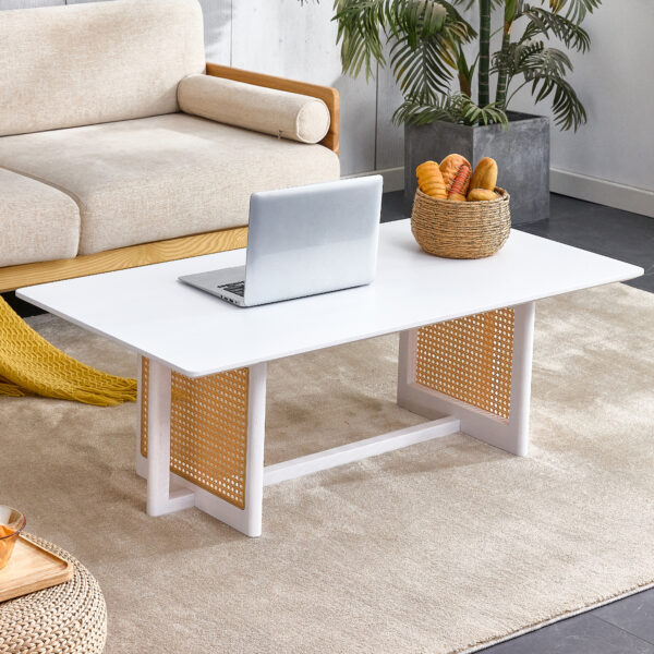 e1c7a84ec6ed42a5afbea4e9638c1aa8_20231205_c5f6ad0e514f3bc349bb758b6acb49b9 Chinese style white solid wood and imitation rattan coffee table, rectangular solid wood coffee low table, small living room coffee table
