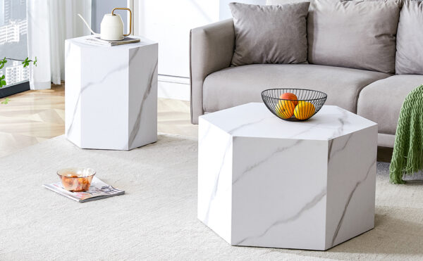 e1e8536ce20d433e9ee2ce4cfd40800a_5f62bfb07273a98183c196f7a744b729 Modern minimalist style hexagonal white marble patterned MDF coffee table set (two-piece set) .Complex texture patterns, style and texture coffee table to redefine your interior decoration.