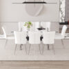 Table and chair set.Elegant Transparent Tempered Glass Dining Set - 71"x35.4" with 8 White PU Chairs with a vertical stripe design on the backrest.