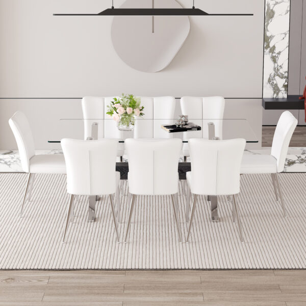 e1ea618c77314090967ef6fba9b2137b_67b604969c5d2916fe2ac3fbc299e277 Table and chair set.Elegant Transparent Tempered Glass Dining Set - 71"x35.4" with 8 White PU Chairs with a vertical stripe design on the backrest.