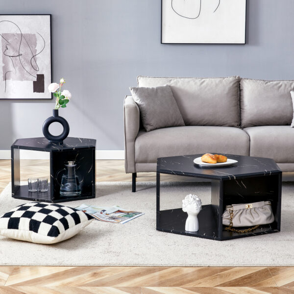 e20962f761354e45b91864b1030946c4_c1fe8250e025e23571e6e040d528a561 Modern Minimalist Black Hexagonal Coffee Table Set.Hexagonal MDF coffee table, characteristic pattern stickers, multi-hole design to give more storage space.Two coffee tables of different sizes.
