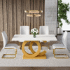 Table and chair set.Subtle Luxury Tempered Glass Dining Set - 63"x35.4" with 4 White PU Material High Resilience Dining Chairs.Arched Metal Gold Leg.White imitation marble texture sticker Tabletop.