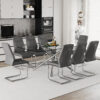Table and chair set.Modern Luxurious Transparent Tempered Glass Dining Table Set with 8 Chairs.Single fork silver metal table legs.Dark gray high-quality PU dining chairs with silver metal legs.