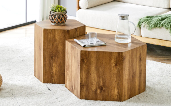 e2367f8873d34ce2b76c21fab49ee8b7_cb9daac5dd43e35b01d8dd709b436e05 Modern Minimalist Set of Two Hexagonal Wood-Grain MDF Coffee Tables.Modern MDF coffee table, with complex texture patterns, style and texture coffee table to redefine your interior decoration.