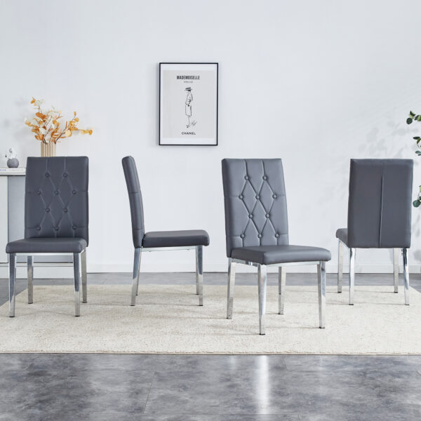 e2380e7daece4004bc5f5096fe2b7d81_c7f80e029aa3ee5373282391ae0d57c7 4 piece set of gray armless dining chairs brings a touch of elegance and mystery to the dining area with its deep gray tone,The grid and buckle design of the back add a vintage yet fashionable touch