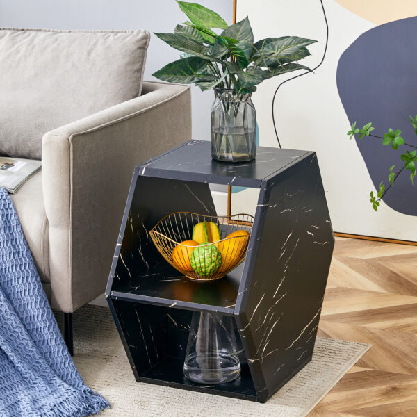 e24099a00e584f5a90d5a6e4d91bf578_881f65d7453bfcfb925cc4c333139660 Hexagonal MDF coffee table, characteristic pattern stickers, multi-hole design to give more storage space, simple and convenient design makes it suitable for all kinds of style scenes.