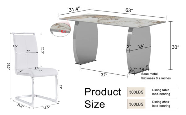 e244f6378b7c482bbe9e49bdc96f2beb_3e8ba136abd9a1f013bdebb55605c7b5 Table and chair set.63*31.4 Inch Pandora Patterned Sintered Stone Dining Table Set - 4 White PU Chairs With Silver Metal Legs.Modern Light Luxury.Perfect For Dinner Room,Meeting Room,Kitchen,etc.