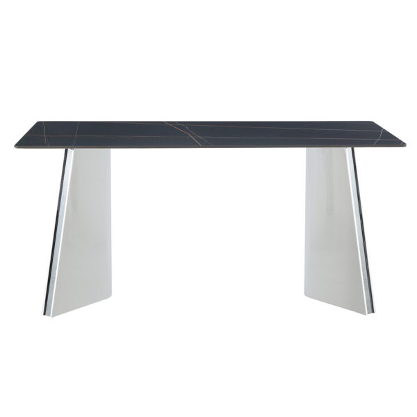 e25fd8be3ca34f6baa5c5c8fcb2b0056_ed66c9d0e6ccd1308c9cbff7e7380a64 63"x31.5x30" Black Marble-Patterned Slab Dining Table with Stainless Steel Butterfly Legs.The tabletop is designed to be scratch and heat resistant.Slabs Tabletop,Stainless Steels Legs.