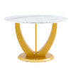 A modern minimalist round white patterned table top measuring 48 inches in diameter with gold MDF legs. Suitable for dining and living rooms.