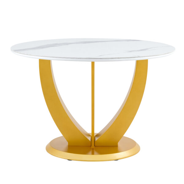 e27f149f709f456a8cf2216c9ebf8349_6f3ec8688594bc7e6c0a596de05348a2 A modern minimalist round white patterned table top measuring 48 inches in diameter with gold MDF legs. Suitable for dining and living rooms.