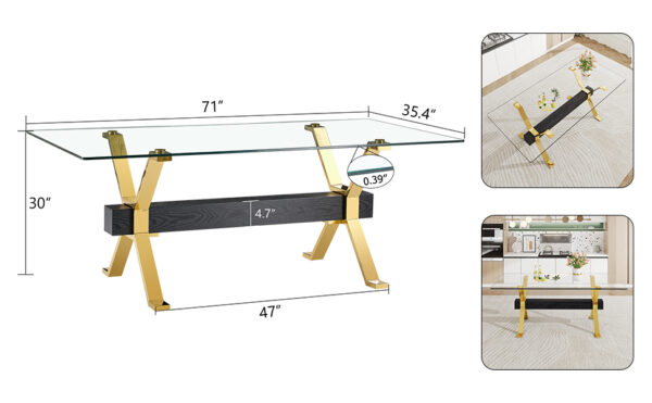 e2a44be378f54f81a96f9a358eb2d976_f9560f9f9aa4db7fa4bfaf628a756150 Dining table. Modern tempered glass dining table. Large modern office desk with gold metal legs and MDF crossbars, suitable for home and office use. Kitchen .71 ''x35.4''x30 '' 1105