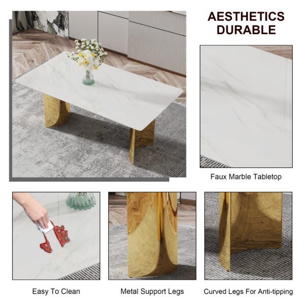 e2ab1df0657347898a03bb504c38b2b1_1d9f73e2e635378fe6b66efbddc6d98a Table and chair set.The table has a glass top with imitation marble pattern stickers and stainless steel golden legs. Paried with chairs with PU artificial leather backrest cushions and black legs.