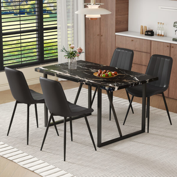 e2be5b7e51d44b0fb9285b554b4038eb_d5a6b6d47e38b1ee93077e32c348e82a Table and chair set.Modern Black Marble Pattern MDF Dining Table Set - 55"x31.4" with 4 Extended Seat Cushion PU Dining Chairs.Black Cushion.Iron Pipe Spraying Chair Legs.