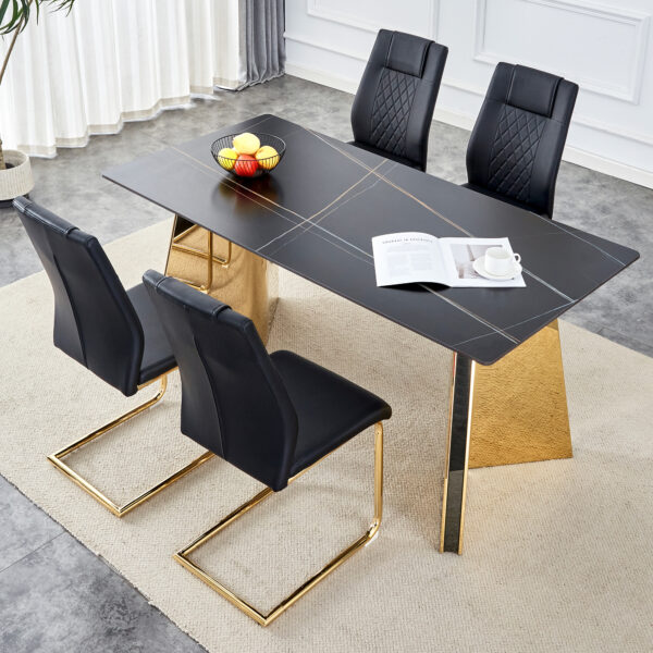 e2c06e58bae948feb806f95a83c13e99_d1dc824afcd9137f75f7e3eaa0511400 Table and chair set.63"x31.5x30"Black Texture With Lines Patterned Sintered Stone Table with Golden Stainless Steel Butterfly Legs.Paried With 4 Black High-quality PU Chairs With Golden Metal Legs.