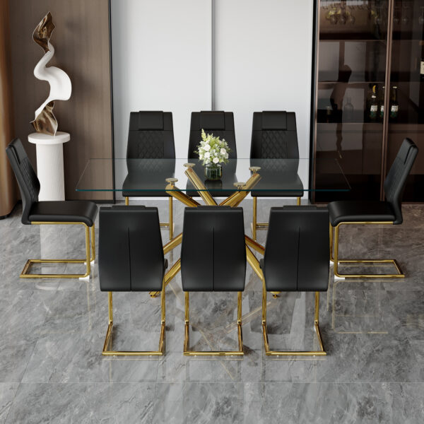 e2c4752c64604339b09f883f121dd512_10e9cede8ddd8d6b7a645e831b1524f4 Table and chair set.Modern Luxurious Transparent Tempered Glass Dining Table Set with 8 Chairs.Single Fork Golden Metal Table Legs.Black high-quality PU dining chairs with golden metal legs.