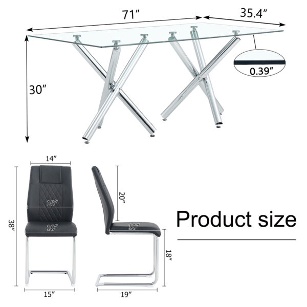 e3005d359a9a4954b0594d6def6f0cf7_2c07296150ff0e967661c7cd24cc1613 Table and chair set.71''*35.4'' Inch Modern Luxurious Transparent Tempered Glass Dining Table Set with 6 Chairs.Double Fork Silver Metal Table Legs.Black High-quality PU Dining Chairs.