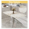 Table and chair set.Modern Luxurious white Marble-Patterned Tempered Glass Dining Table with 6 Transparent Plastic Chairs with silver legs.Single fork silver metal table legs.