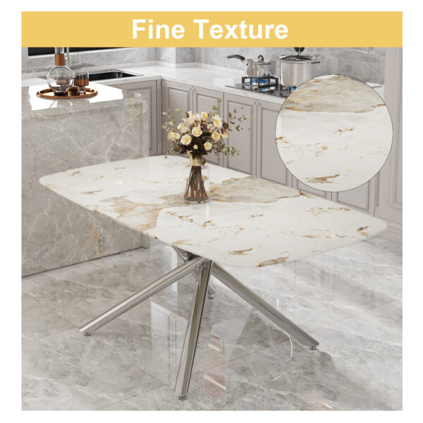 e3316622cfc7454ab51308d0618d96bb_3f94f5982895f044dea0ba0de21f737c Table and chair set.Modern Luxurious white Marble-Patterned Tempered Glass Dining Table with 6 Transparent Plastic Chairs with silver legs.Single fork silver metal table legs.