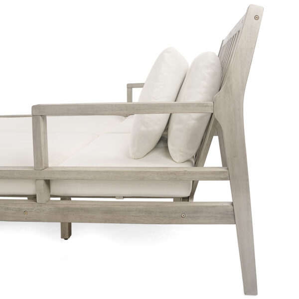 TREXM Outdoor Daybed, Patio Daybed with Four Pillows, Wooden Outdoor Bed with Curved Armrests for Poolside, Backyard, Garden (Gray+Beige Cushion)