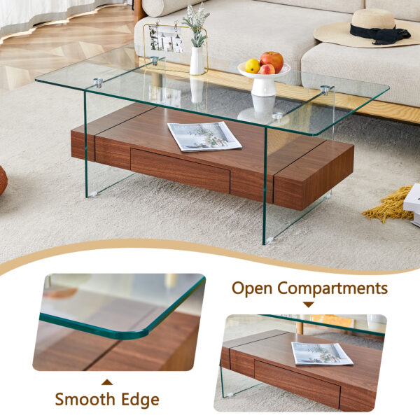 43.3 Inch Modern Two-Tier Coffee Table - Clear Tempered Glass and Dark Wood Grain, Multifunctional Storage Design.The bottom tier includes a drawer.Can be used as a coffee table,side table,etc.