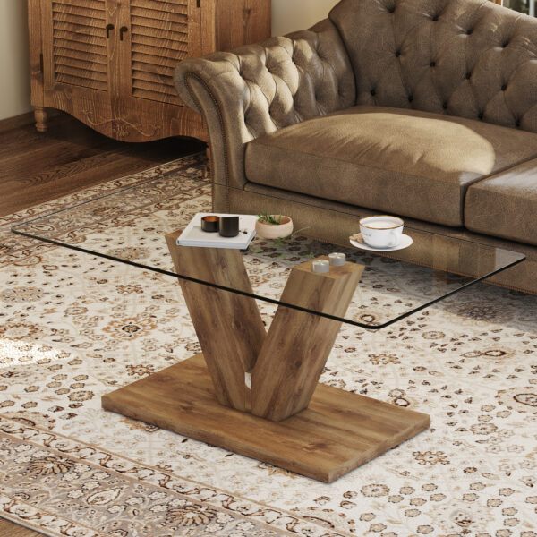 e34ef046ff3a400cb74d96afb7bbb067_20240321_abed92a1d172819a9c7941338a4fe6c4 A modern minimalist style coffee table. Transparent tempered glass tabletop with wooden MDF columns. Suitable for living room and dining room. CT-V