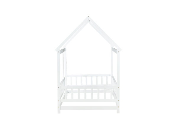 Twin Size House Floor Wooden Bed with Roof Frame,Safety Guardrails,White