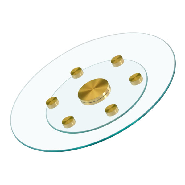 e36e87773765487db1bb733c5a9bc566_25d8b205bd682fcdc7ca77ebf3f19edb Double layer rotatable round glass.Golden aluminum plate,The rotatable design makes it convenient to retrieve and place items.The upper glass has a diameter of 24 inches, the lower glass15 inches.