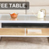 Modern minimalist white double layered solid wood coffee table. Glass tabletop, imitation rattan  edge table. Rectangular table suitable for living room, dining room, and bedroom