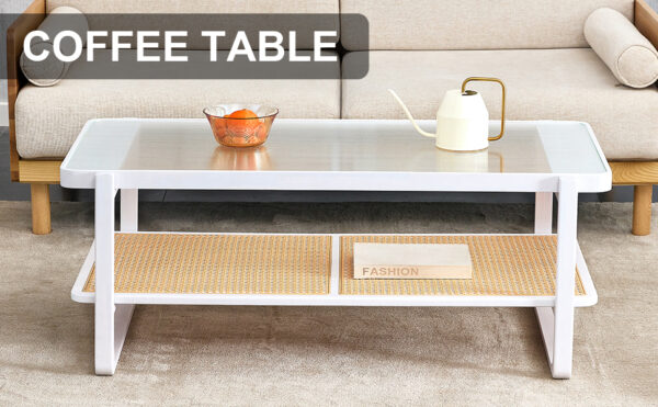 e38ddb2f6ba4467a992c72a51e0901c2_20240123_eb396530c3ae65d60462f14aff4ccd02 Modern minimalist white double layered solid wood coffee table. Glass tabletop, imitation rattan edge table. Rectangular table suitable for living room, dining room, and bedroom