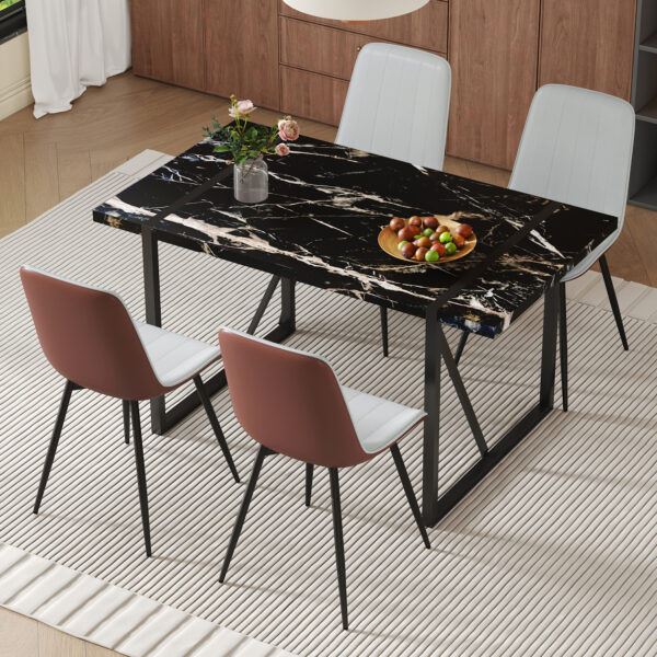 e3a90dbed5d947e897fa2fc1ee994ee2_4ddfc088453b0a84b999a48aa7fec6cc Table and chair set.Modern Black Marble Pattern MDF Dining Table Set-55"x31.4" with 4 Extended Seat Cushion PU Dining Chairs.Brown and Light Gray Splicing Colors Cushion.Iron Pipe Spraying Chair Legs.