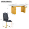 Table and chair set.Large modern rectangular table with 0.4 inch patterned glass tabletop and large MDF table legs.Comes with 6 chairs with faux leather cushioned seats and golden metal legs.