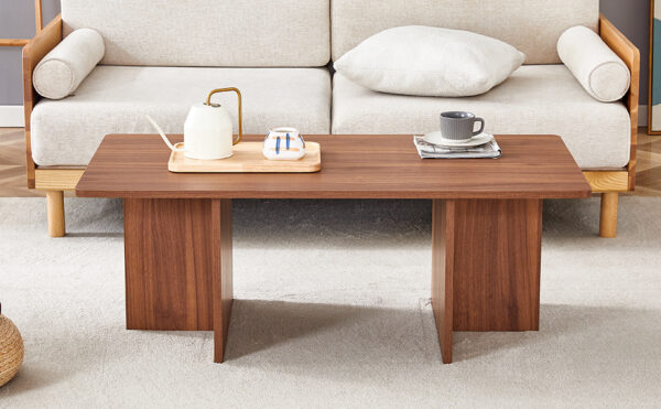 e3c3b99cc41c46beaf4a6ae203612f78_d9a8477dc00b302ce9ba7dd07e50830b 44.8 Inch Walnut Wood Grain MDF Coffee Table - Modern Luxury, Stable Triangular Support.The coffee table is made of medium density fiberboard material and is suitable for living rooms, bedrooms,etc.